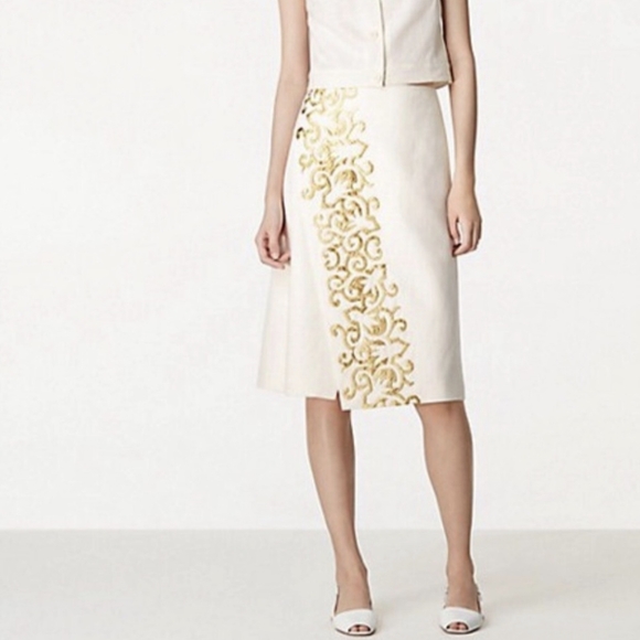 Tory Burch Ivory Gold Kathleen Embroidered Linen Wrap Skirt XS